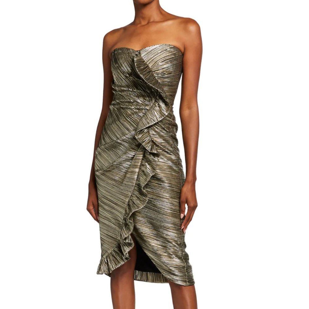 NEW Jonathan Simkhai Dylan Metallic Plissé Strapless Midi Dress Size 8